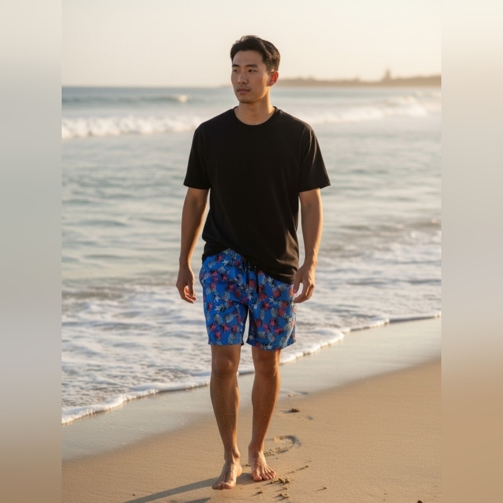 Dumolpa Blue Pineapple Men's Swim Shorts Size 38-42 NWT Drawstring/Elastic Waist